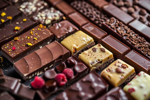 Close up view of a variety of chocolate bars in different flavors and types, displayed with high detail and rich colors.