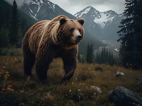 A grizzly bear standing on grass hill next to majestic mountains and forest with the view of sky and clouds. Generative AI.
