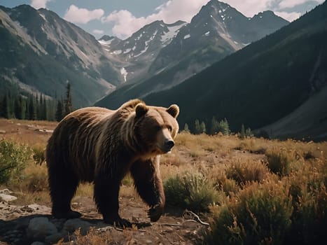 A grizzly bear standing on grass hill next to majestic mountains and forest with the view of sky and clouds. Generative AI.