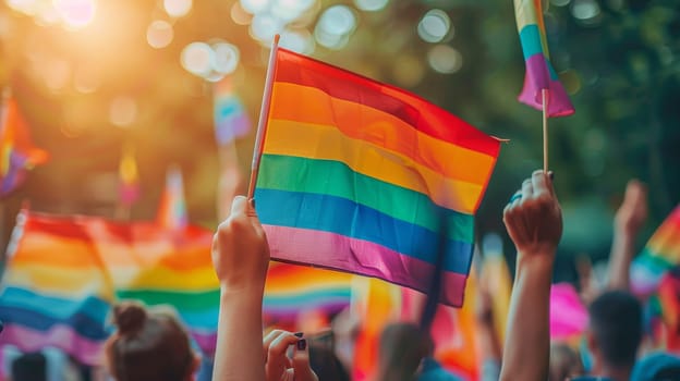 Diverse group of people enjoying gay pride day festival outdoors.