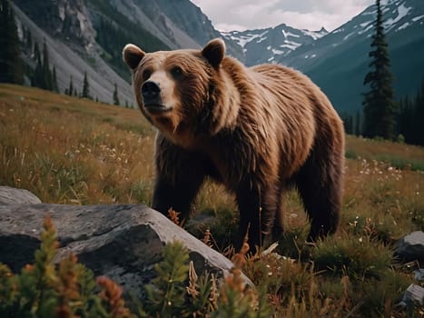 A grizzly bear standing on grass hill next to majestic mountains and forest with the view of sky and clouds. Generative AI.