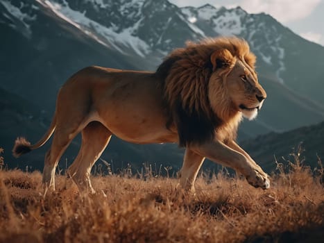 A lion standing on grass hill next to majestic mountains and forest with the view of sky and clouds. Generative AI.