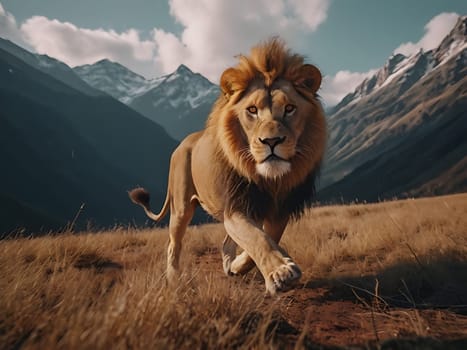 A lion standing on grass hill next to majestic mountains and forest with the view of sky and clouds. Generative AI.