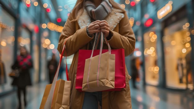 A woman is seen navigating through a busy mall, carrying multiple shopping bags filled with purchases. The hustle and bustle of shoppers and sales create a lively atmosphere.