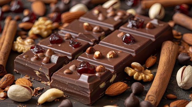 Detailed close-up of a chocolate bar filled with nuts and cranberries, showcasing rich textures and natural ingredients.