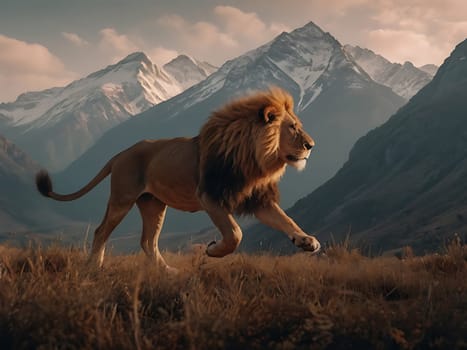 A lion standing on grass hill next to majestic mountains and forest with the view of sky and clouds. Generative AI.