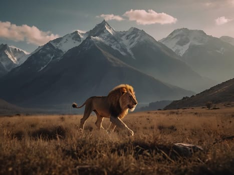 A lion standing on grass hill next to majestic mountains and forest with the view of sky and clouds. Generative AI.