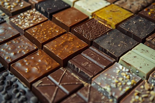 Close up of a variety of chocolate bars in different flavors and types, showcasing rich colors and high detail.