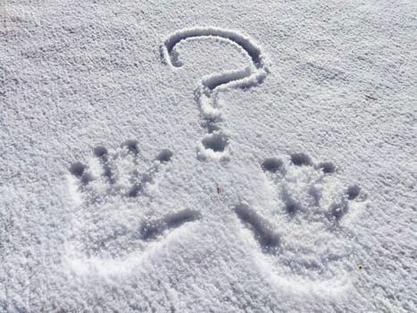 A large question mark is etched into the fresh snow, creating a stark contrast against the white surface on a serene winter morning.