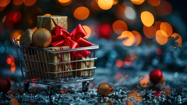 A shopping cart filled with presents sits on top of a table, showcasing a sale concept perfect for Black Friday shopping. The presents are neatly packed and ready for purchase.