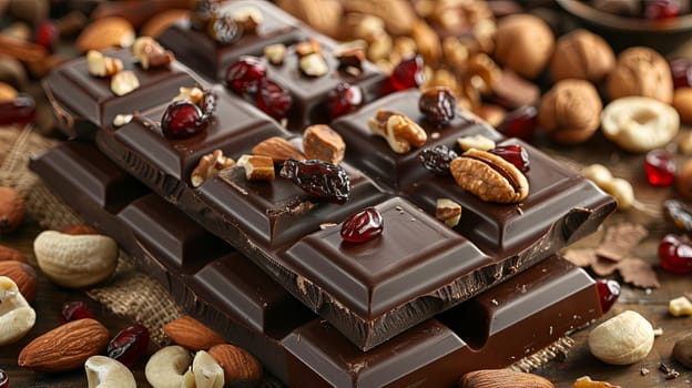 Detailed close up of a chocolate bar with crunchy nuts on top, showcasing rich textures and natural ingredients.