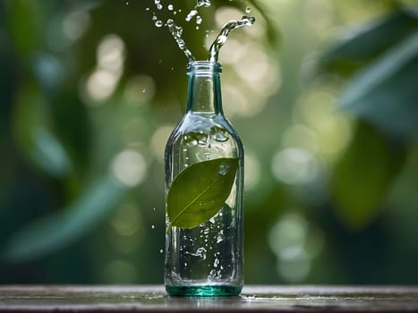 Cosmetic bottle made from transparent glass, splashes with water and leaves on mid air. Beauty product advertisement concept. Generative AI.