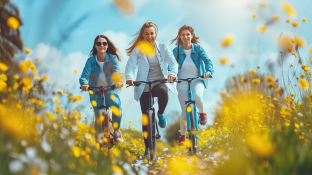 Two women are riding bikes through a field filled with vibrant yellow flowers. The women are wearing helmets and enjoying a leisurely bike ride in the sunny outdoors.