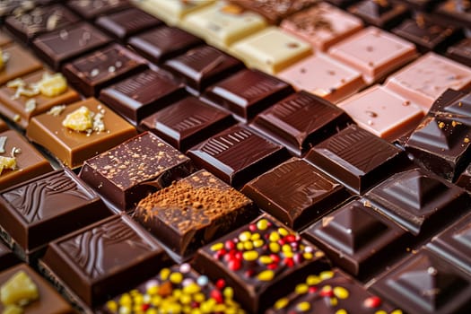 Close-up view of a variety of chocolate bars with different flavors and types neatly arranged, showcasing rich colors and high detail.