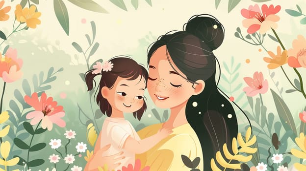 A woman tenderly holds a little girl in a vibrant field of colorful flowers. The woman is standing and embracing the child, who is looking up at her with a smile. The setting is a beautiful meadow filled with various types of blooming flowers under a clear sky.