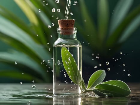 Cosmetic bottle made from transparent glass, splashes with water and leaves on mid air. Beauty product advertisement concept. Generative AI.