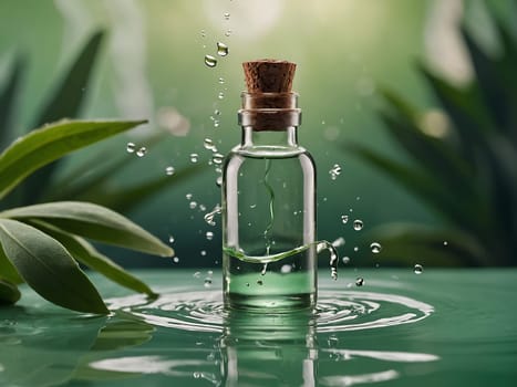 Cosmetic bottle made from transparent glass, splashes with water and leaves on mid air. Beauty product advertisement concept. Generative AI.