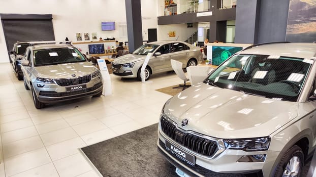 Kazan, Russia - April 04, 2023: Cars in showroom of dealership Skoda. Re-export to Russia