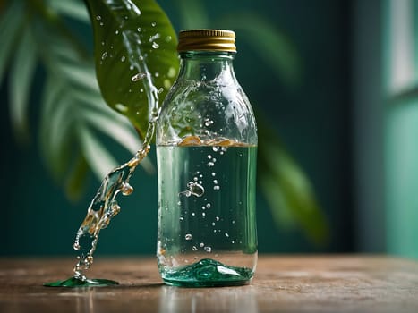 Cosmetic bottle made from transparent glass, splashes with water and leaves on mid air. Beauty product advertisement concept. Generative AI.