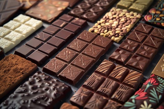 A high-detail close up of a variety of chocolate bars in different flavors and types, neatly arranged with rich colors.