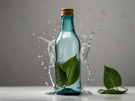 Cosmetic bottle made from transparent glass, splashes with water and leaves on mid air. Beauty product advertisement concept. Generative AI.