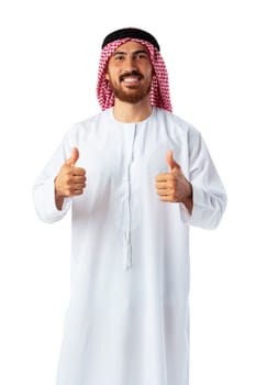 Young Arab man showing ok sign and smiling isolated on white background close up