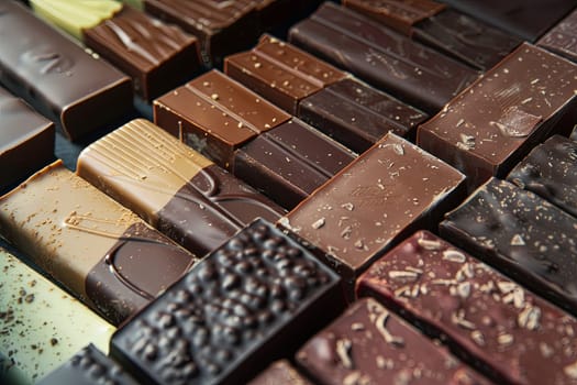 Close up view of various chocolate bars in different flavors and types, rich colors, neatly arranged.