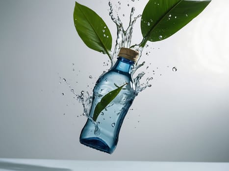 Cosmetic bottle made from transparent glass, splashes with water and leaves on mid air. Beauty product advertisement concept. Generative AI.