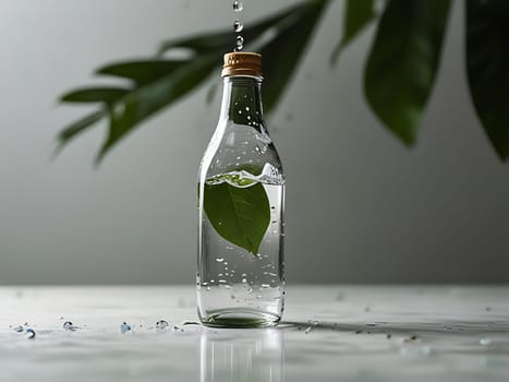 Cosmetic bottle made from transparent glass, splashes with water and leaves on mid air. Beauty product advertisement concept. Generative AI.