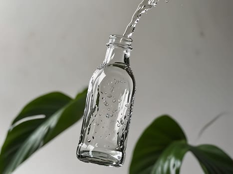 Cosmetic bottle made from transparent glass, splashes with water and leaves on mid air. Beauty product advertisement concept. Generative AI.