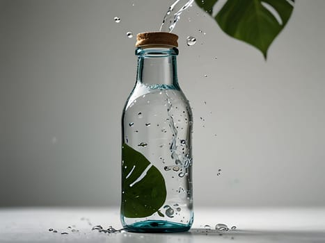 Cosmetic bottle made from transparent glass, splashes with water and leaves on mid air. Beauty product advertisement concept. Generative AI.