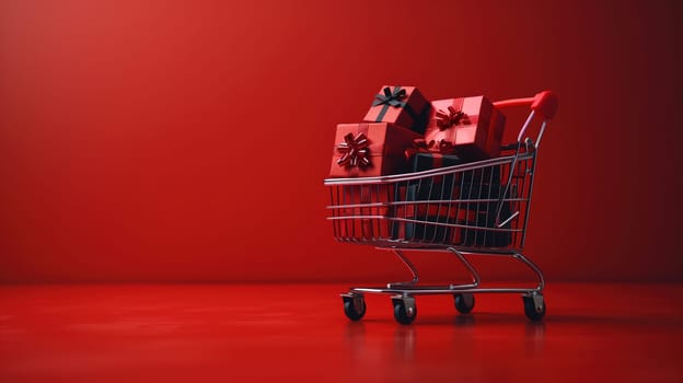 A shopping cart overflowing with presents is showcased against a bright red background. The image conveys a sale or Black Friday concept, as various gifts are packed into the cart.