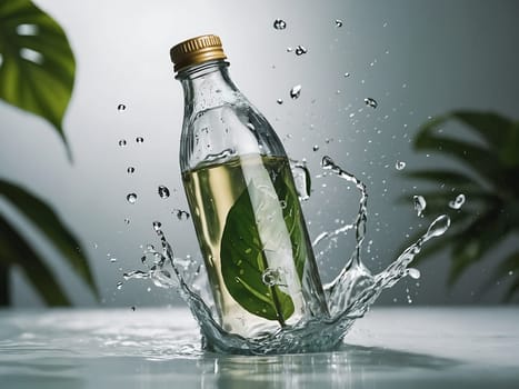 Cosmetic bottle made from transparent glass, splashes with water and leaves on mid air. Beauty product advertisement concept. Generative AI.