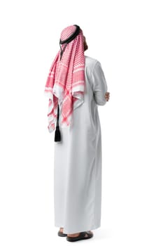 Back view of an Arab man standing on white isolated background close up