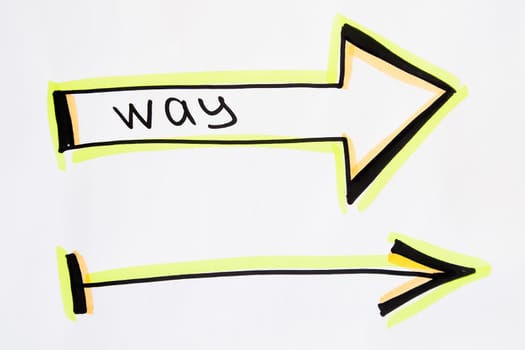 Vibrant neon green arrows drawn by hand on white background as choosing of way. Concept of movement, growth, decline, change, decline and achievements in business