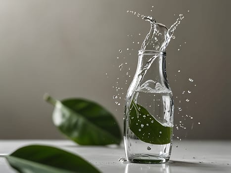 Cosmetic bottle made from transparent glass, splashes with water and leaves on mid air. Beauty product advertisement concept. Generative AI.