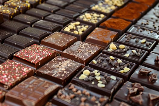 Various types of chocolate bars neatly arranged on a table, showcasing a wide range of flavors and textures.