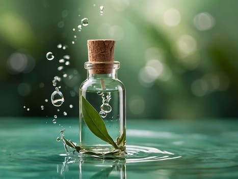 Cosmetic bottle made from transparent glass, splashes with water and leaves on mid air. Beauty product advertisement concept. Generative AI.