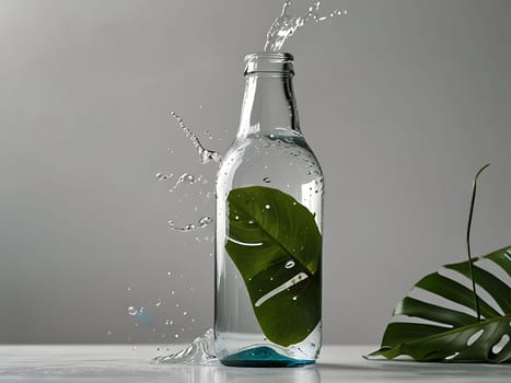 Cosmetic bottle made from transparent glass, splashes with water and leaves on mid air. Beauty product advertisement concept. Generative AI.