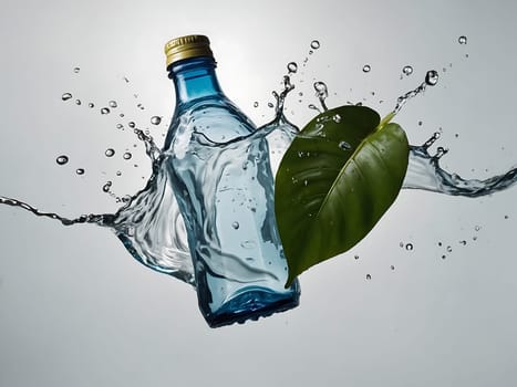 Cosmetic bottle made from transparent glass, splashes with water and leaves on mid air. Beauty product advertisement concept. Generative AI.