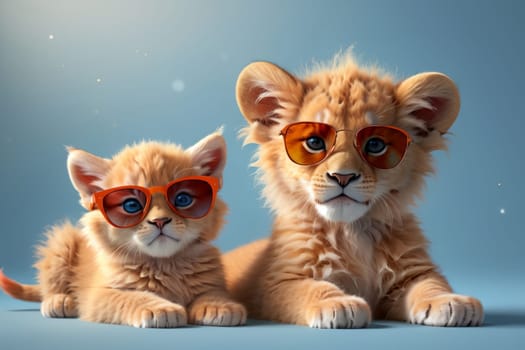 cute red tiger cub and kitten, isolated on a blue background .