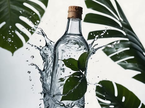 Cosmetic bottle made from transparent glass, splashes with water and leaves on mid air. Beauty product advertisement concept. Generative AI.