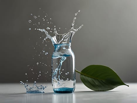 Cosmetic bottle made from transparent glass, splashes with water and leaves on mid air. Beauty product advertisement concept. Generative AI.