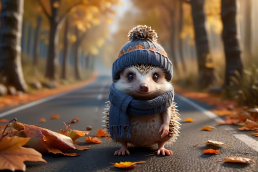 cute hedgehog stands on the road in the forest in autumn .