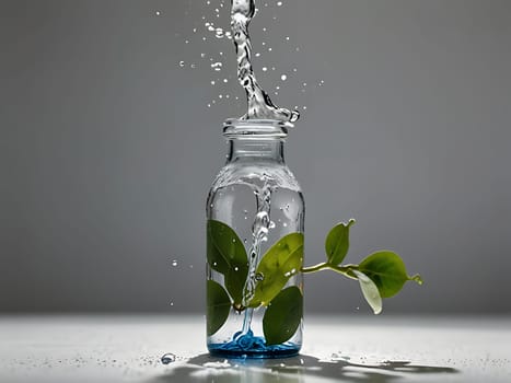 Cosmetic bottle made from transparent glass, splashes with water and leaves on mid air. Beauty product advertisement concept. Generative AI.