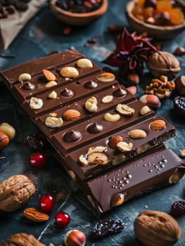 A bar of chocolate topped with nuts and cranberries on a wooden table.