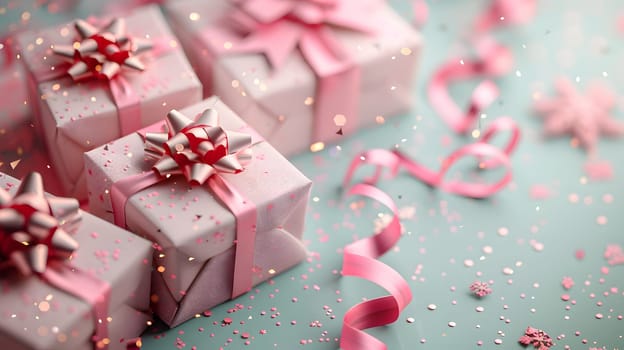 A variety of petal pink gift wrapping with bows and ribbons in magenta are displayed on a rectangular table. The sweet treats and party supplies create a festive event atmosphere