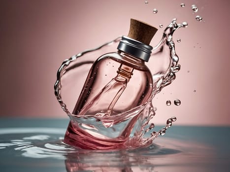 Cosmetic bottle made from transparent glass, splashes with water. Beauty product advertisement concept. Generative AI.