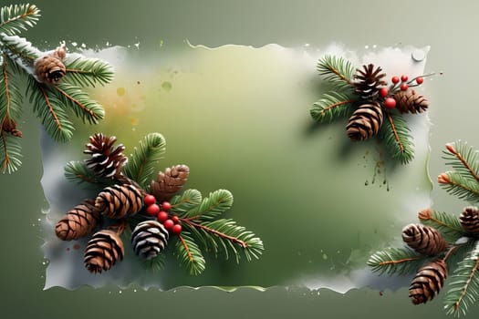 background of Christmas tree branches with pine cones .