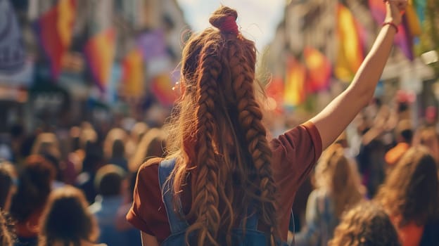 A woman with long hair stands confidently in front of a diverse and attentive crowd, possibly addressing them or participating in a public event.